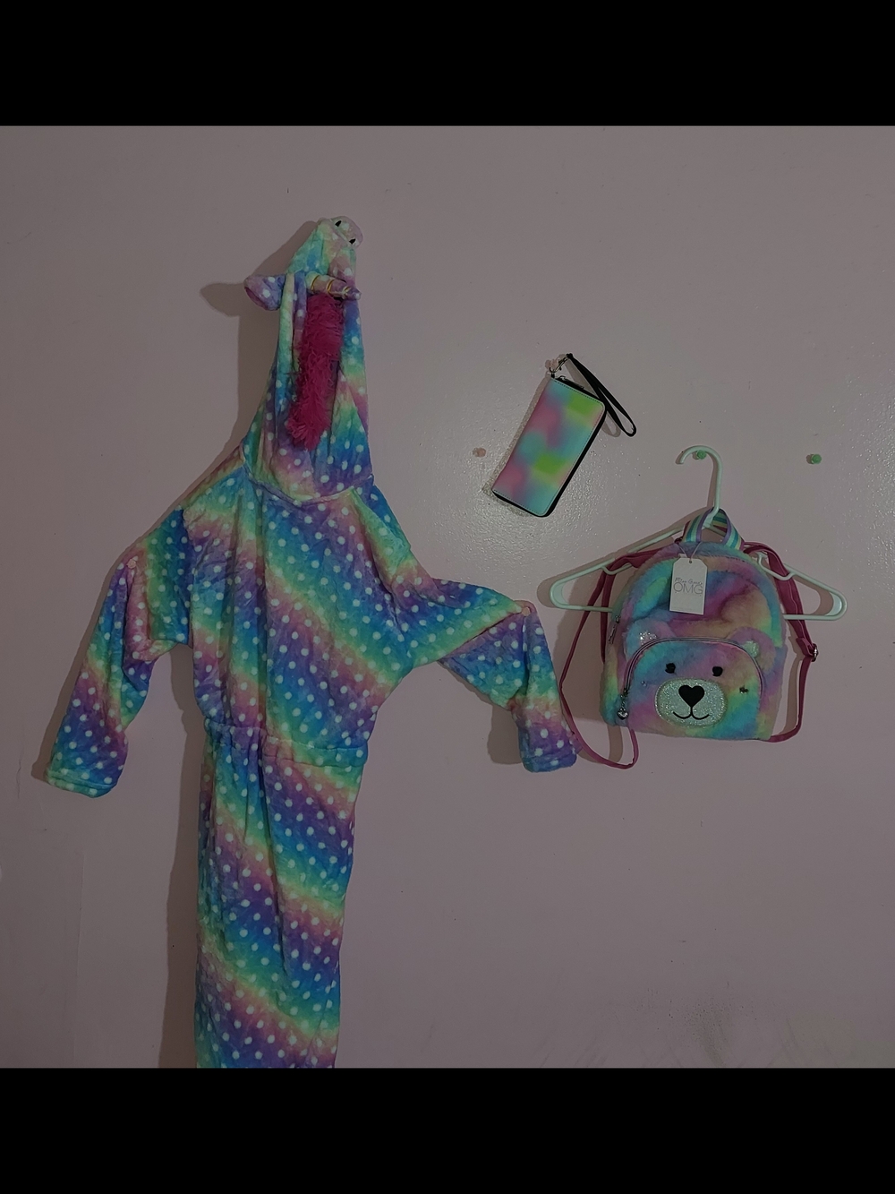 Rainbow Polka Dot Unicorn Bathrobe with Matching Bear Backpack And Wallet